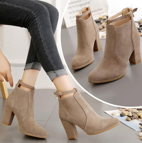 Flock V Shape Pointed Toe Ankle Boots