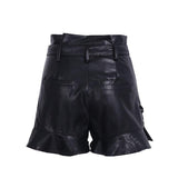 lace up black & Tan  high waist  Leather shorts with cinched belt