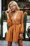 Sexy lace up v neck suede lace dress with Flared Sleeves