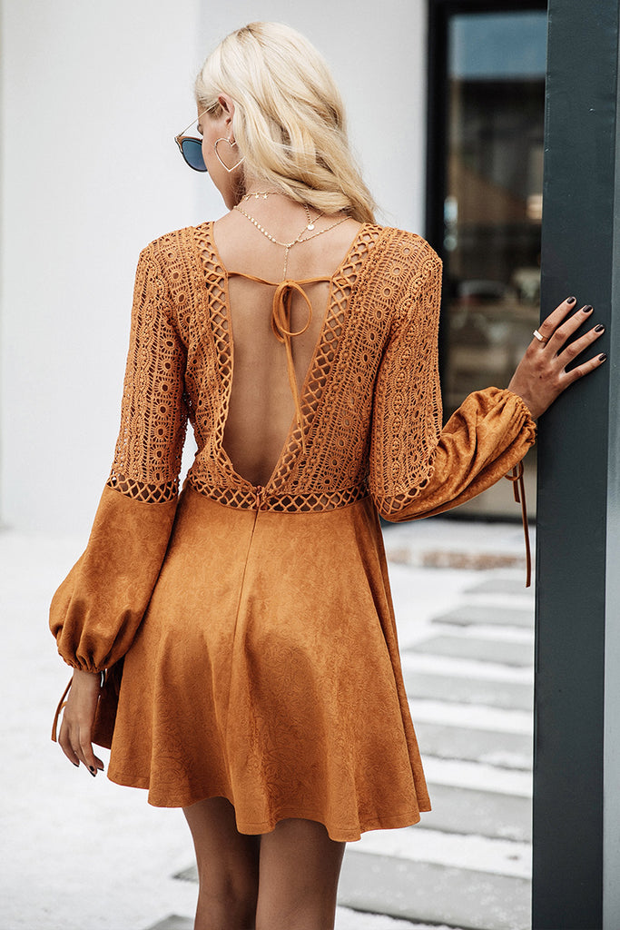 Sexy lace up v neck suede lace dress with Flared Sleeves