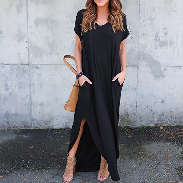 Long Sexy side split Maxi Casual  Dress with pockets