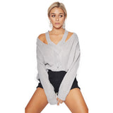 Womens Cold Shoulder knitted Sweater Gray Long Sleeve
