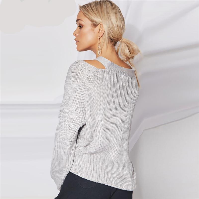 Womens Cold Shoulder knitted Sweater Gray Long Sleeve