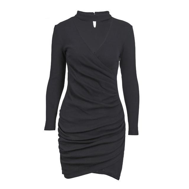 Sexy halter v neck winter sweater dress with Ruched long sleeve