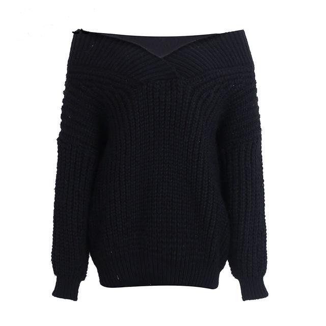 Thick Long Sleeve Off the Shoulder Winter warm v neck knitted sweater