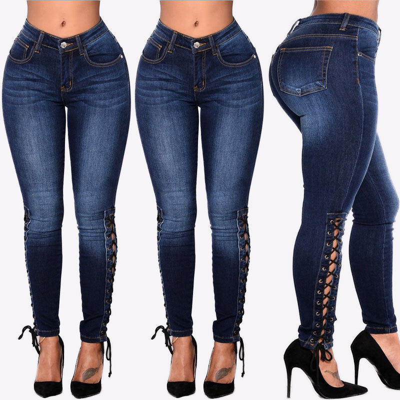 Pencil Side Lace Up Sexy Jeans
