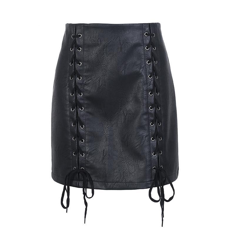 High waisted Lace up pu leather short skirt