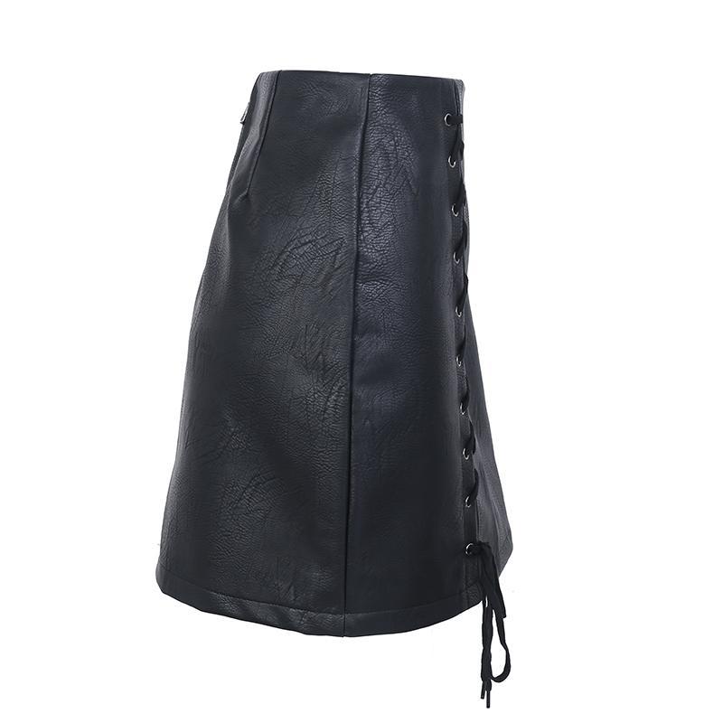 High waisted Lace up pu leather short skirt