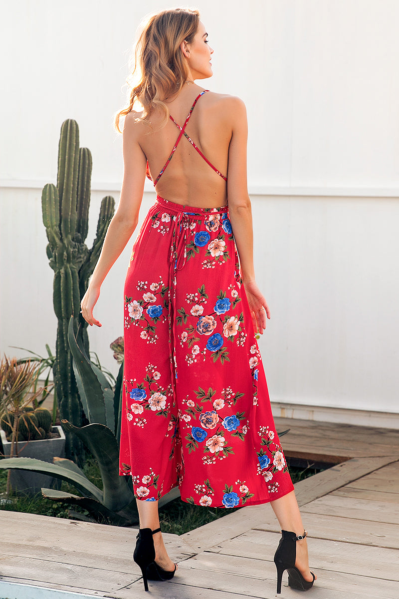 Board Walk Spring v neck backless Floral jumpsuit