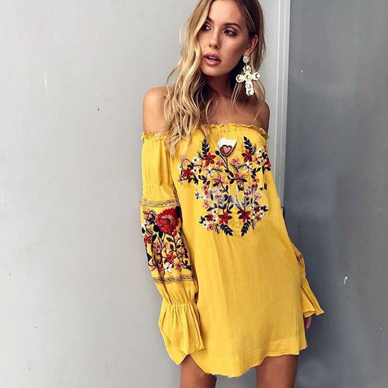 Off the Shoulder Floral Embroidery Long Flare Sleeve Mini Dress