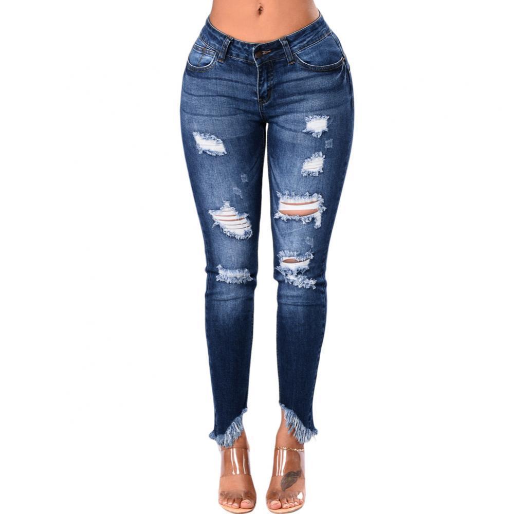 Frayed Hem Ripped Stretchy Jeans
