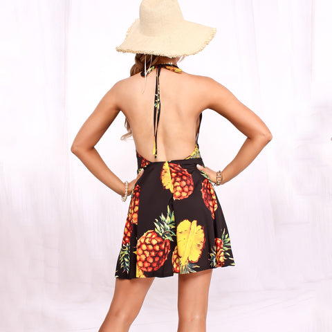 Viven Leigh Brand Women Dress Pineapple Print Mini Short Dress Women Dresses Summer 2017 Sleeveless Strap Backless Sexy Vestidos