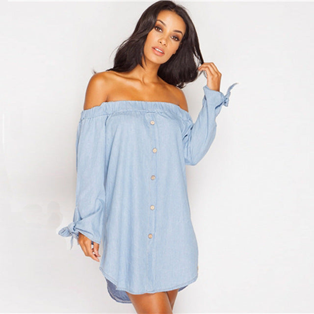 womens Sundress Solid Bow Long Sleeve Mini Beach Dress