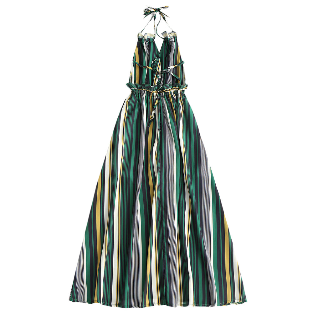 Vacation Striped Ruffled Backless Halter Maxi Dress