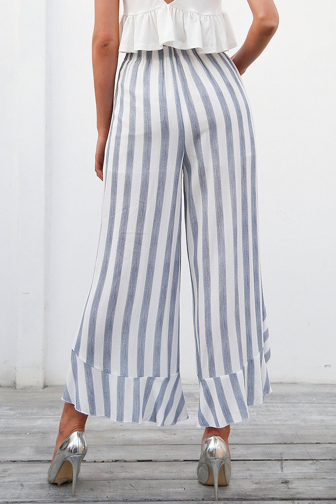 Sassy beach ruffle striped High waist casual trousers