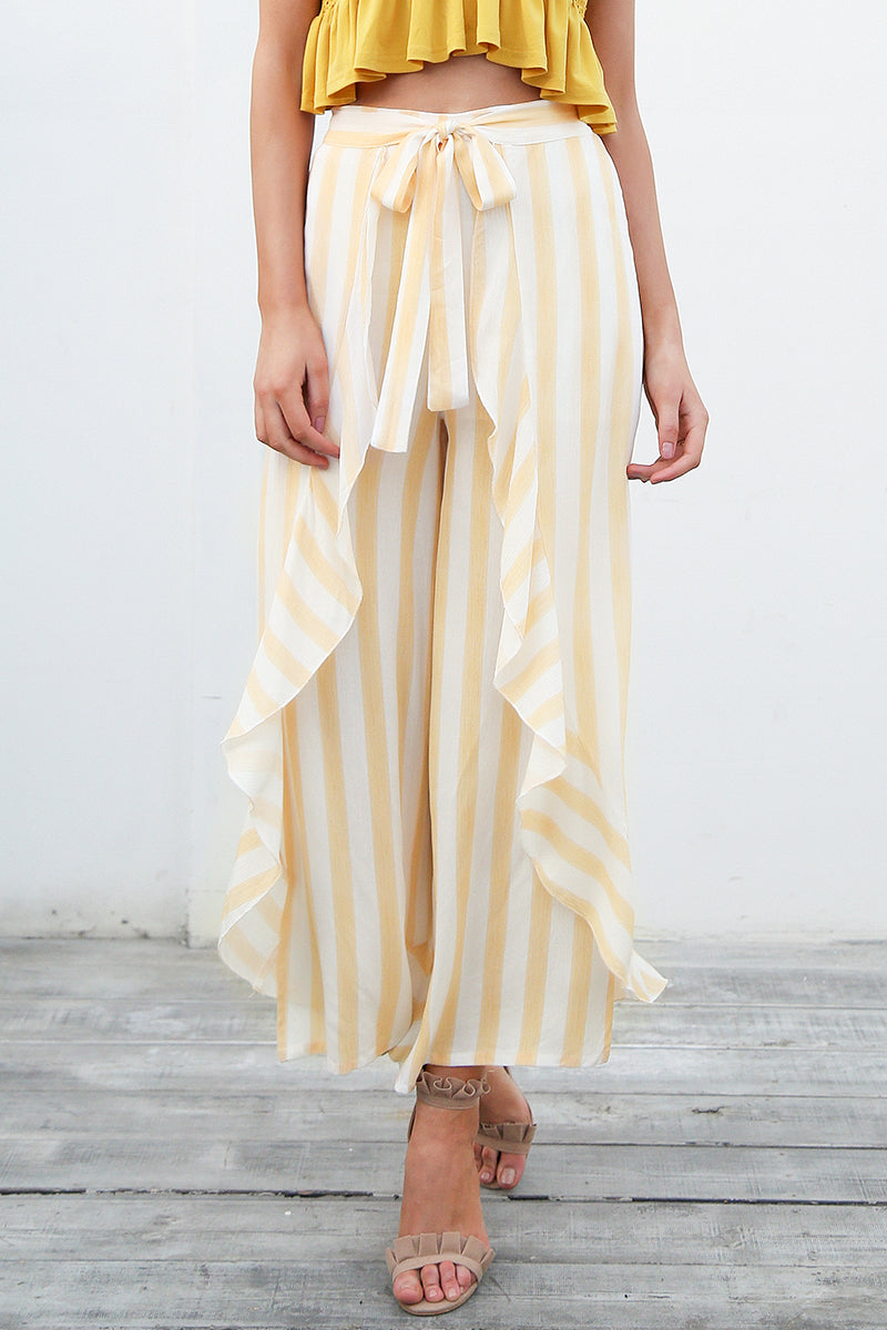 Sassy beach ruffle striped High waist casual trousers