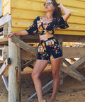 Floral Neck Cropped Top / High Waisted Lace shorts