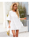 Hollow cotton white lace Flare sleeve dress / One Size