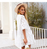 Hollow cotton white lace Flare sleeve dress / One Size